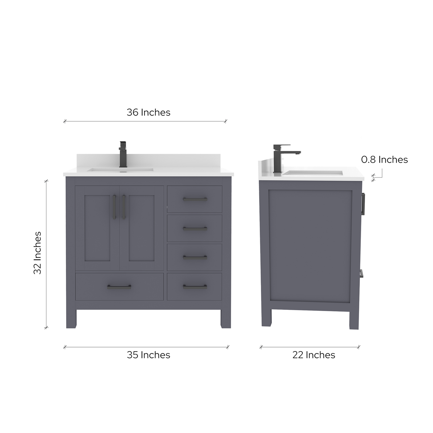Rooh 36 Inch Left Solid Wood Single Bathroom Vanity with Undermount single Rectangle sink & White Quartz countertop 0.75 inch edge in white