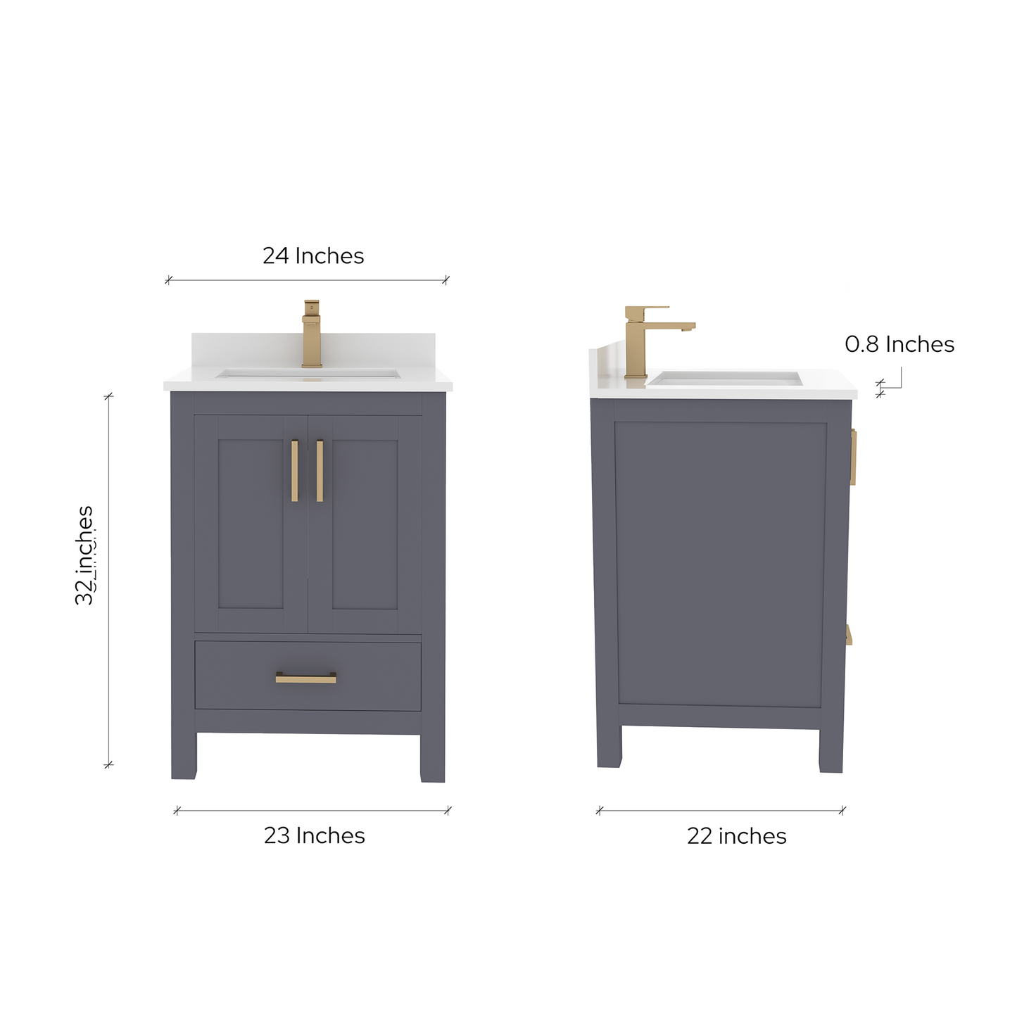 Rooh 24 Inch Solid Wood Bathroom Vanity with Undermount single Rectangle sink & White Quartz countertop 0.75 inch edge in white