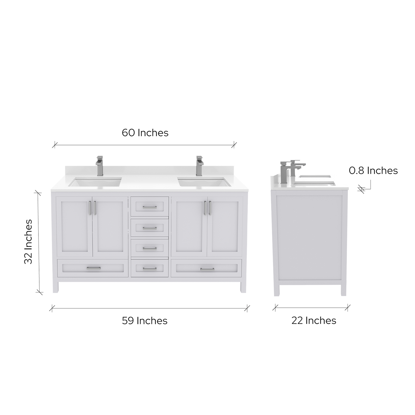 Rooh 60 Inch Solid Wood Bathroom Vanity with Undermount double Rectangle sinks & White Quartz countertop 0.75 inch edge in white