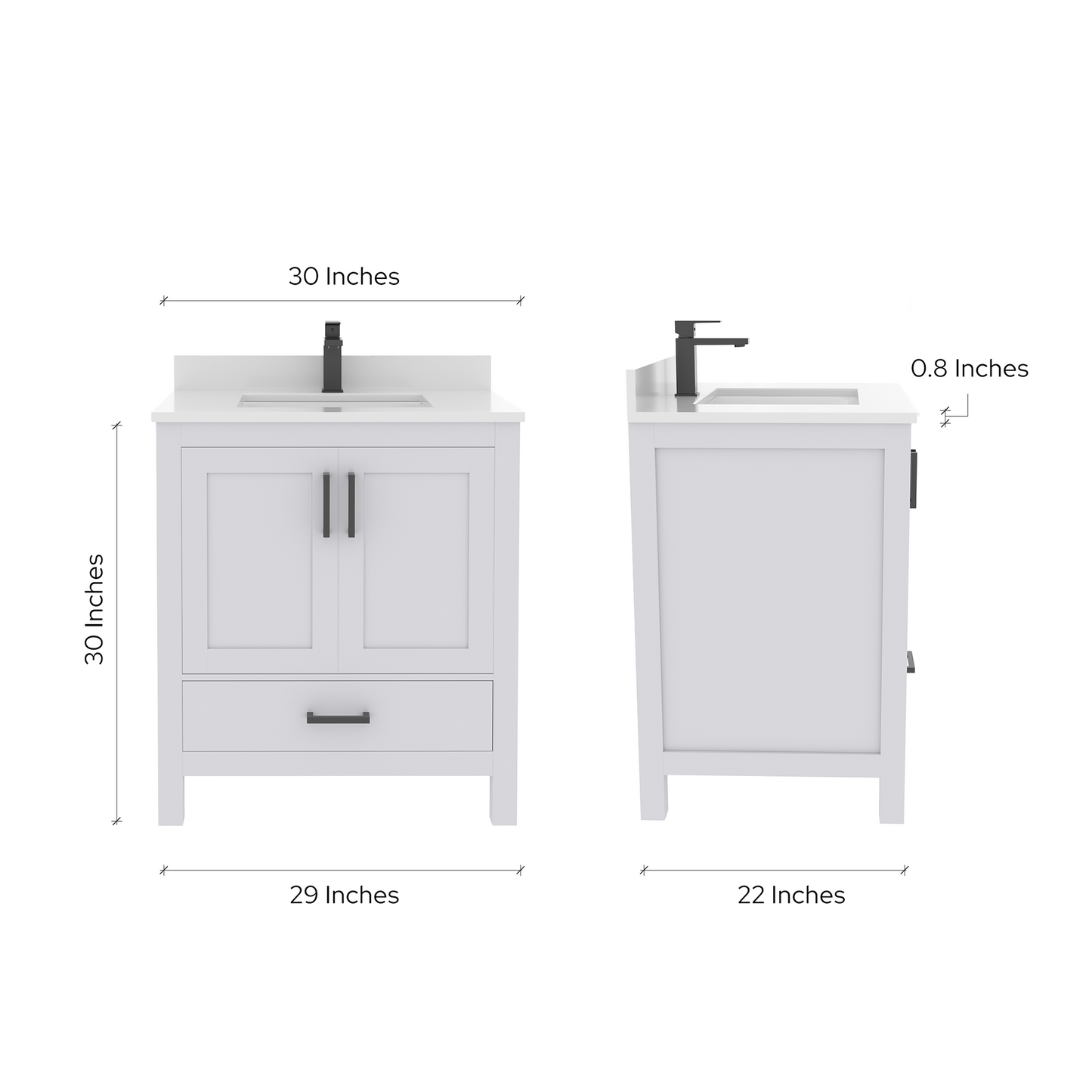 Rooh 30 Inch Solid Wood Bathroom Vanity with Undermount single Rectangle sink & White Quartz countertop 0.75 inch edge in white