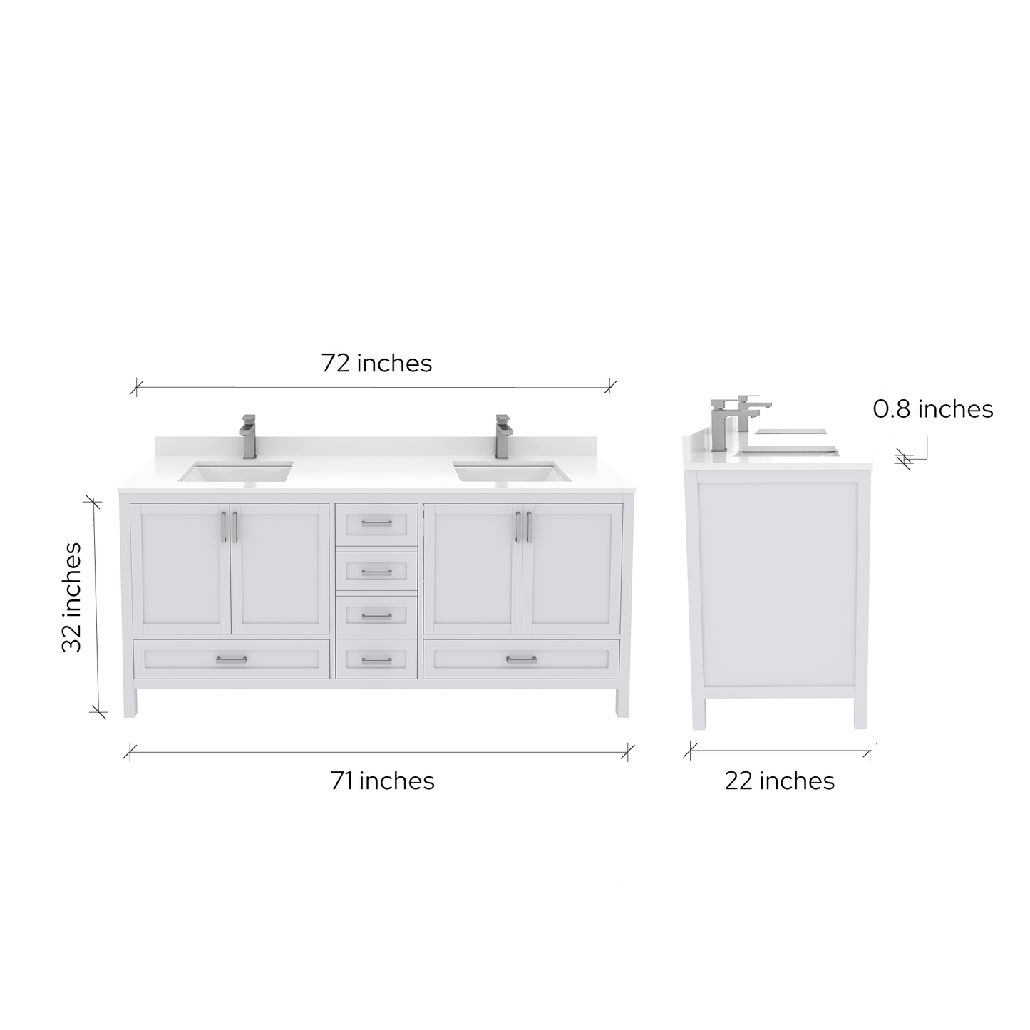 Rooh 72 Inch Solid Wood Bathroom Vanity with Undermount double Rectangle sinks & White Quartz countertop 0.75 inch edge in white