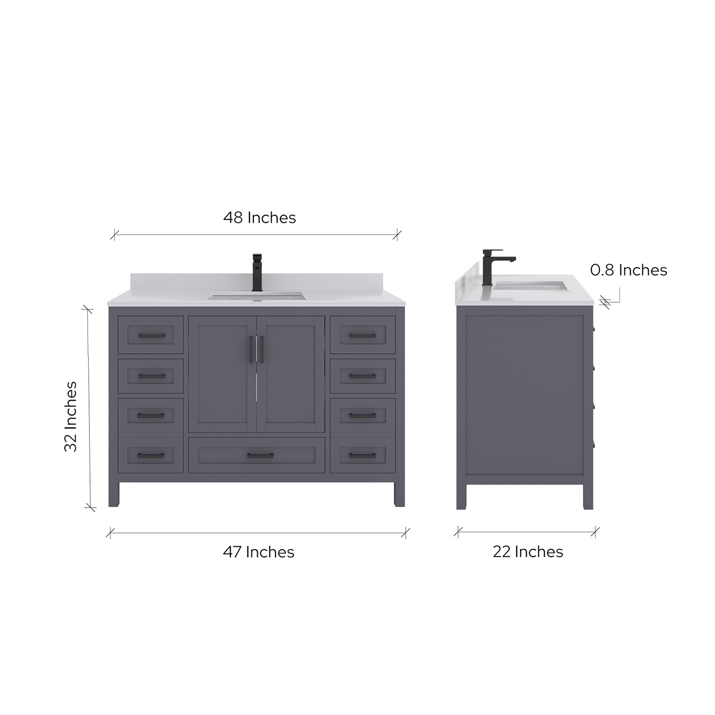 Rooh 48 Inch Solid Wood Bathroom Vanity with Undermount single Rectangle sink & White Quartz countertop 0.75 inch edge in white