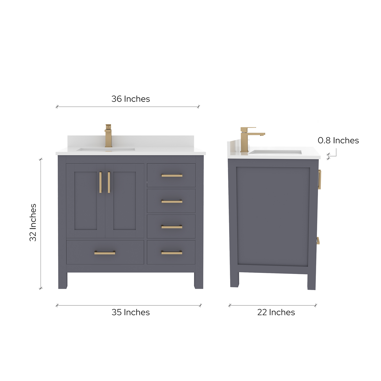 Rooh 36 Inch Left Solid Wood Single Bathroom Vanity with Undermount single Rectangle sink & White Quartz countertop 0.75 inch edge in white