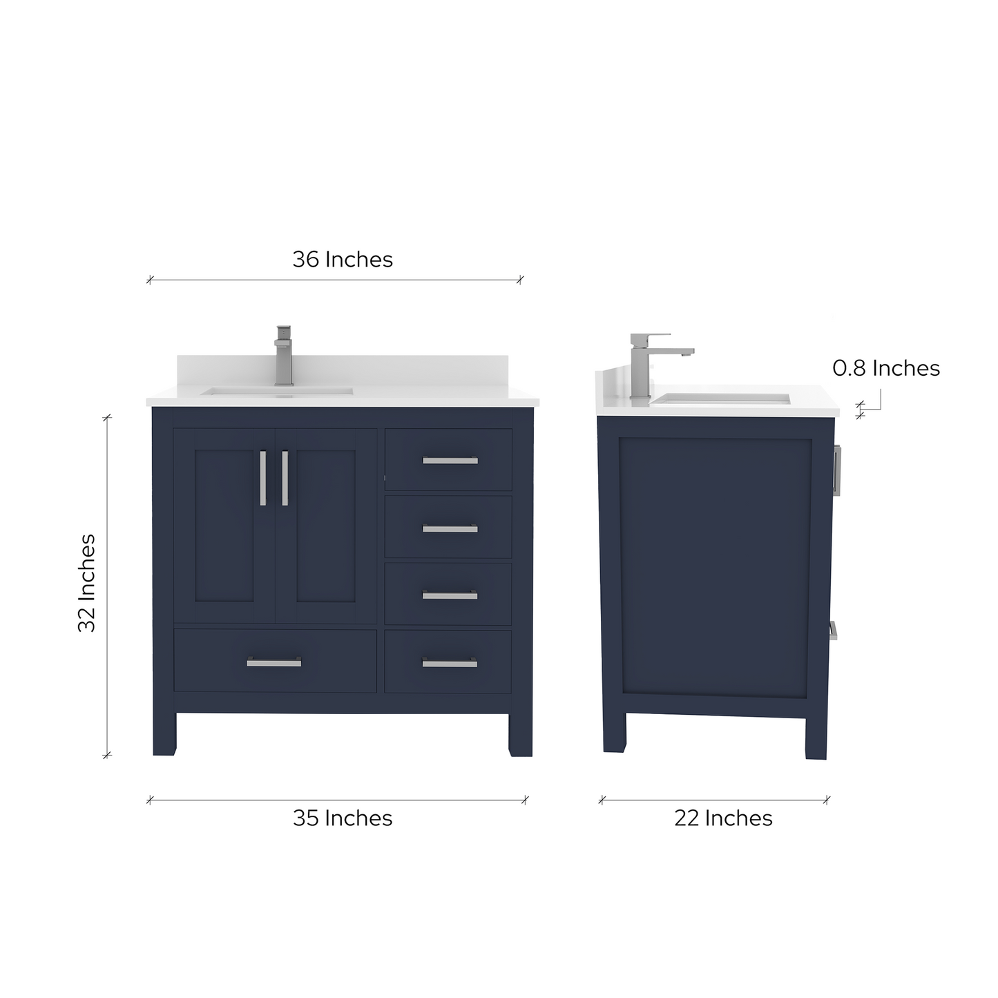 Rooh 36 Inch Left Solid Wood Single Bathroom Vanity with Undermount single Rectangle sink & White Quartz countertop 0.75 inch edge in white