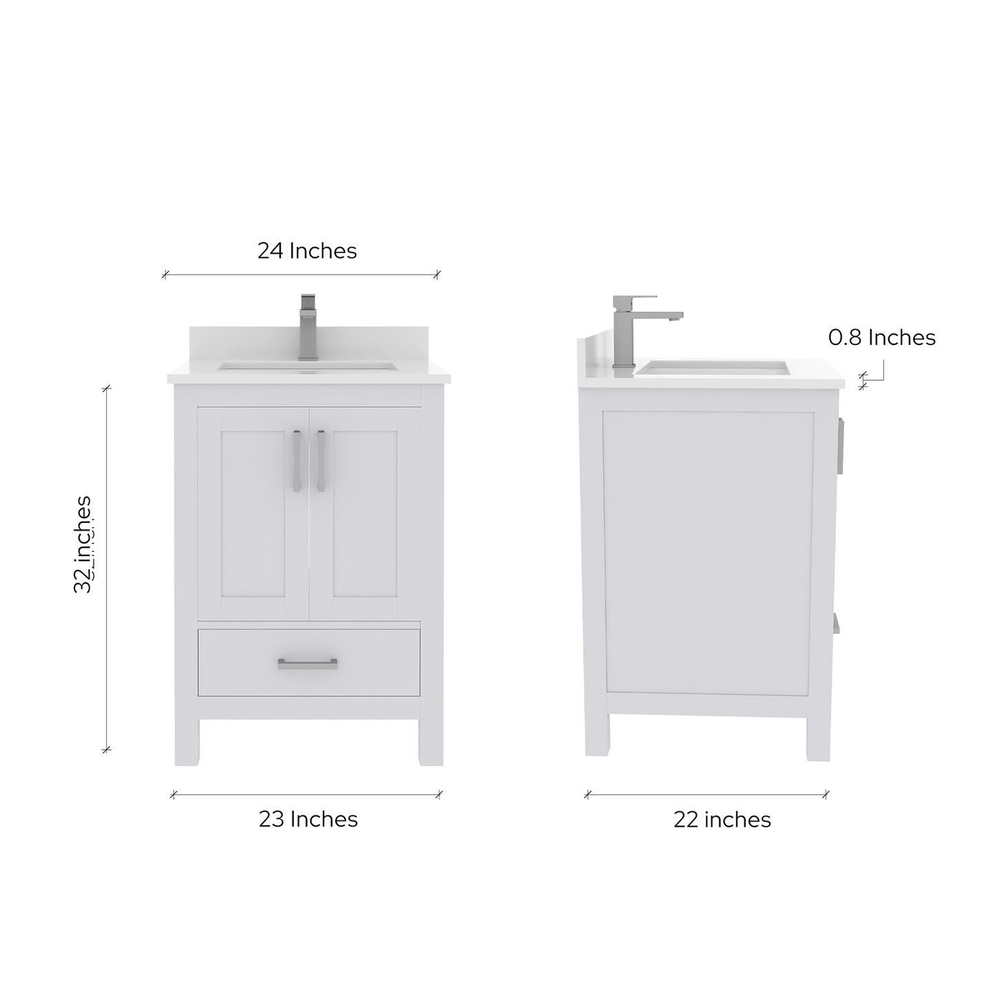 Rooh 24 Inch Solid Wood Bathroom Vanity with Undermount single Rectangle sink & White Quartz countertop 0.75 inch edge in white