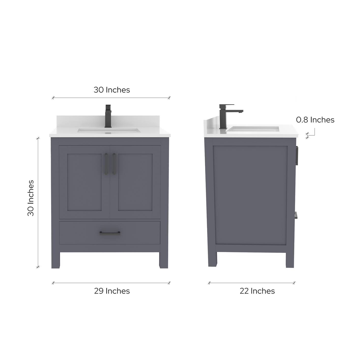 Rooh 30 Inch Solid Wood Bathroom Vanity with Undermount single Rectangle sink & White Quartz countertop 0.75 inch edge in white