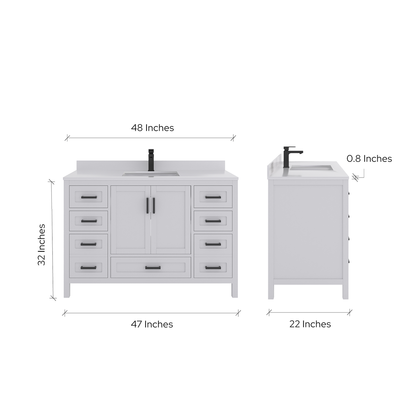 Rooh 48 Inch Solid Wood Bathroom Vanity with Undermount single Rectangle sink & White Quartz countertop 0.75 inch edge in white