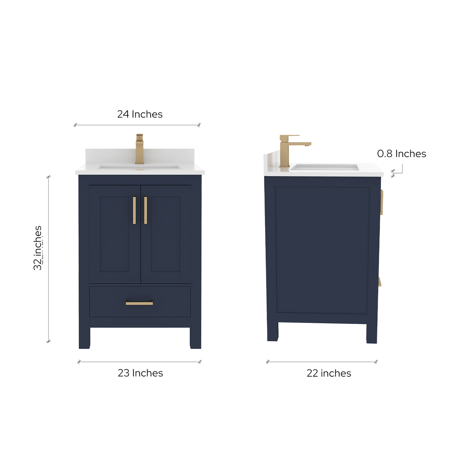 Rooh 24 Inch Solid Wood Bathroom Vanity with Undermount single Rectangle sink & White Quartz countertop 0.75 inch edge in white