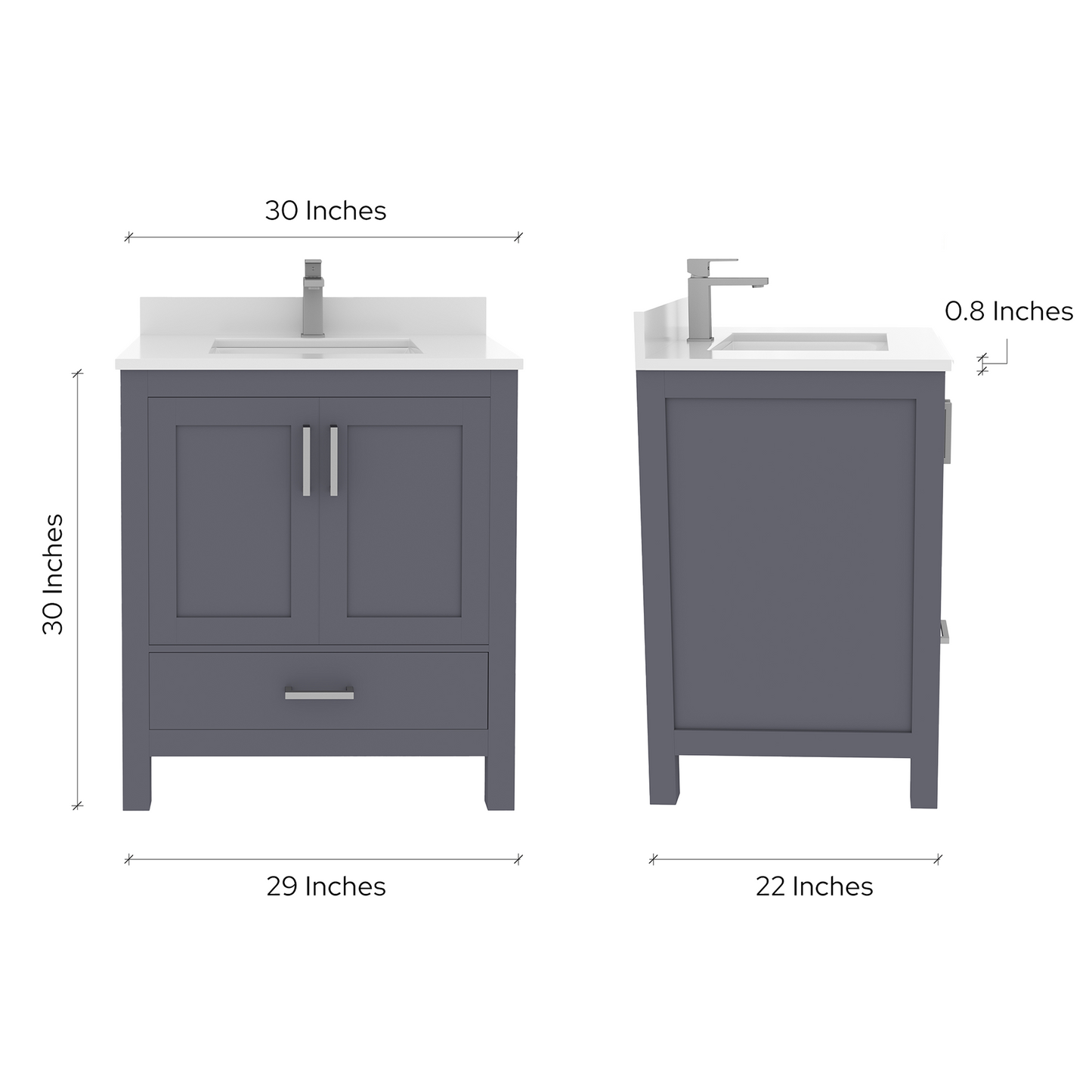Rooh 30 Inch Solid Wood Bathroom Vanity with Undermount single Rectangle sink & White Quartz countertop 0.75 inch edge in white
