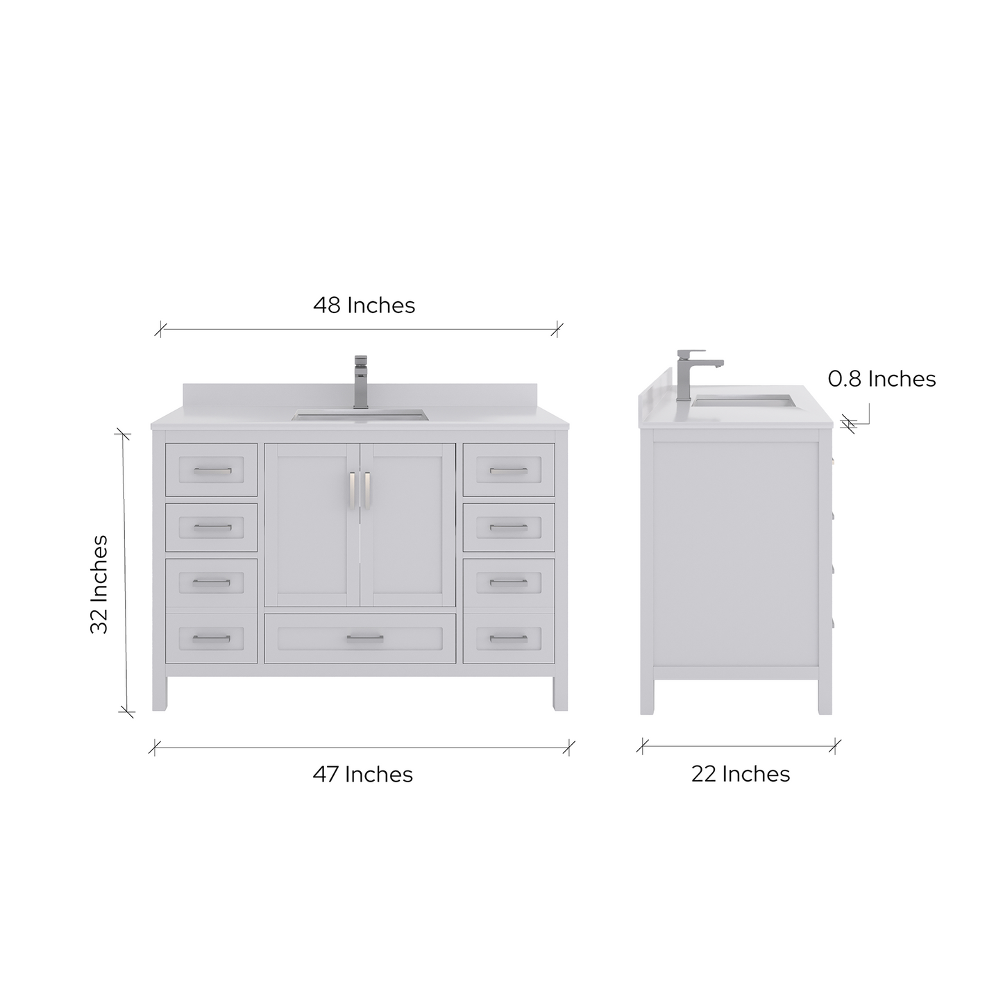 Rooh 48 Inch Solid Wood Bathroom Vanity with Undermount single Rectangle sink & White Quartz countertop 0.75 inch edge in white