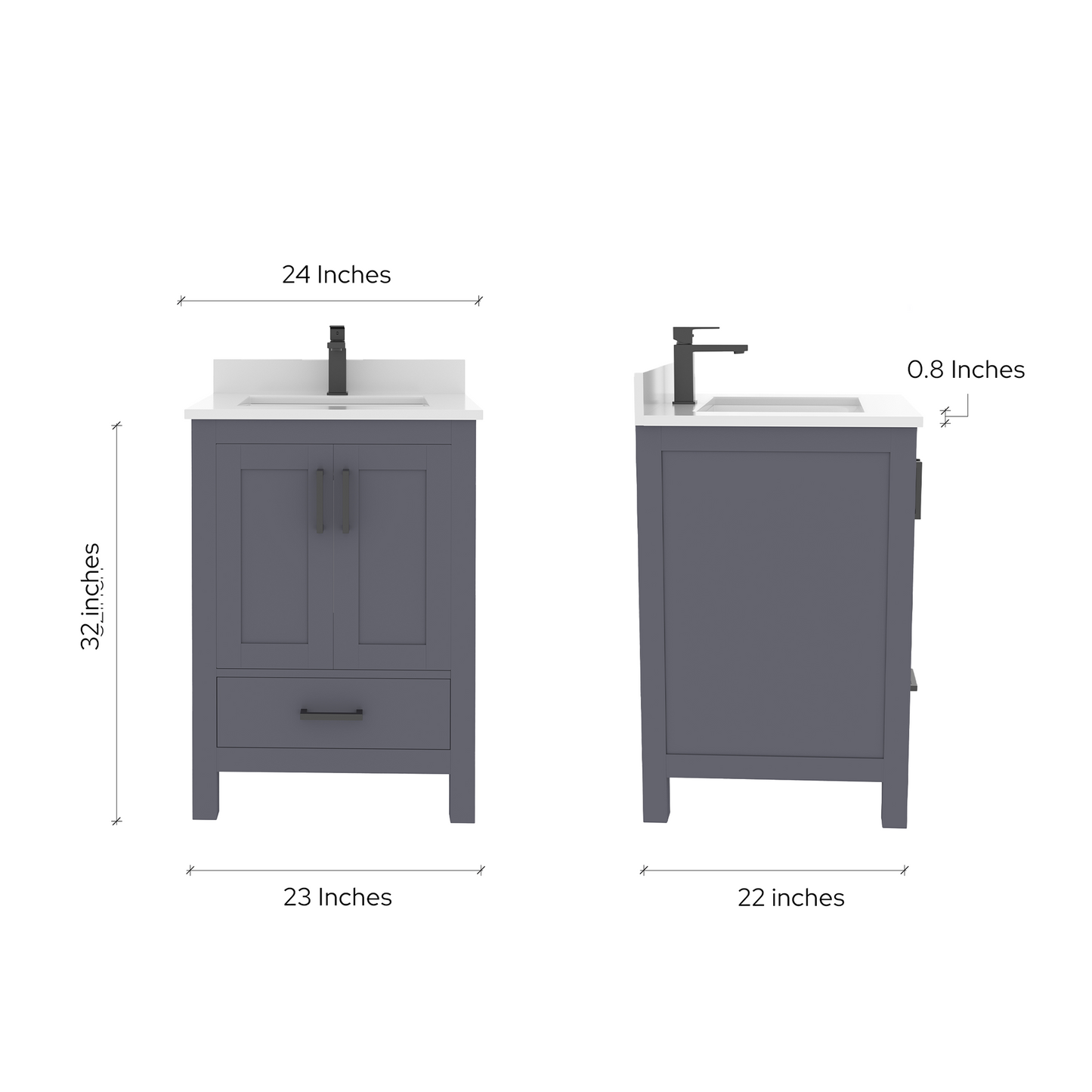 Rooh 24 Inch Solid Wood Bathroom Vanity with Undermount single Rectangle sink & White Quartz countertop 0.75 inch edge in white