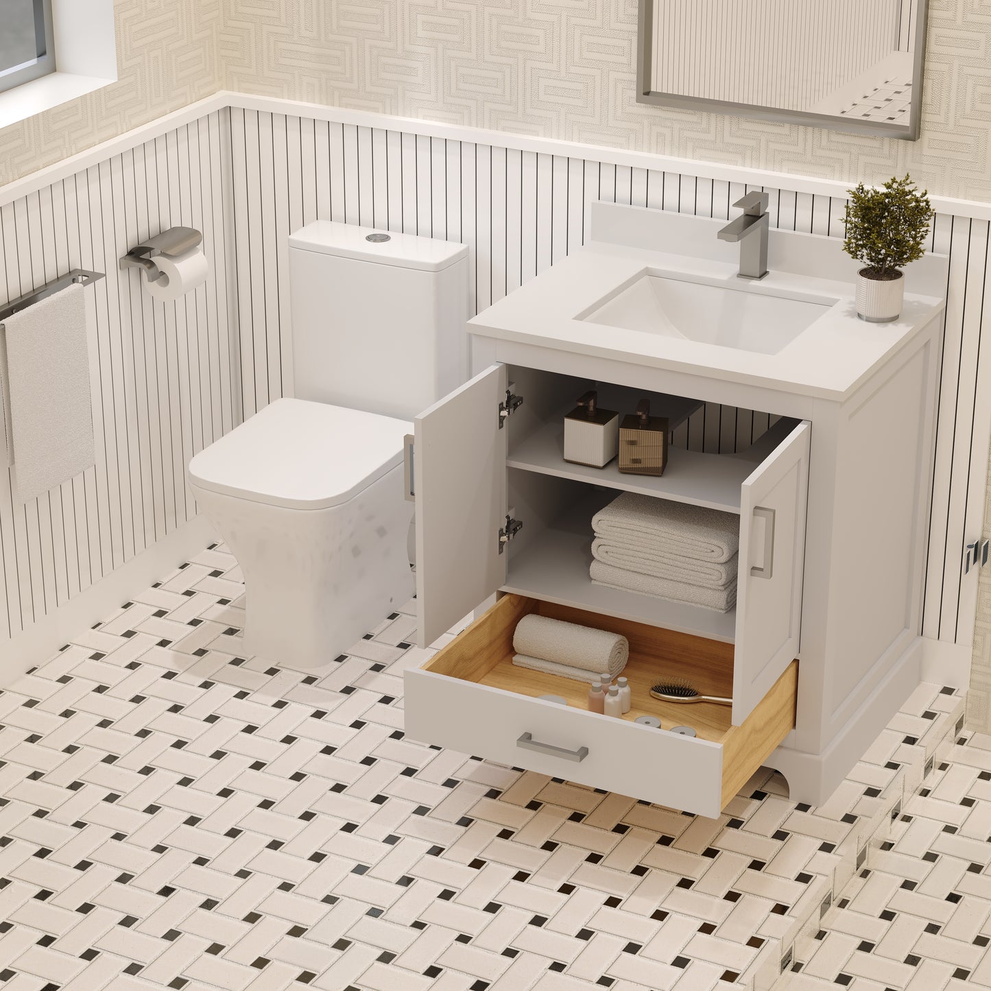 Maya 30 Inch Solid Wood Single Bathroom Vanity with Quartz Countertop