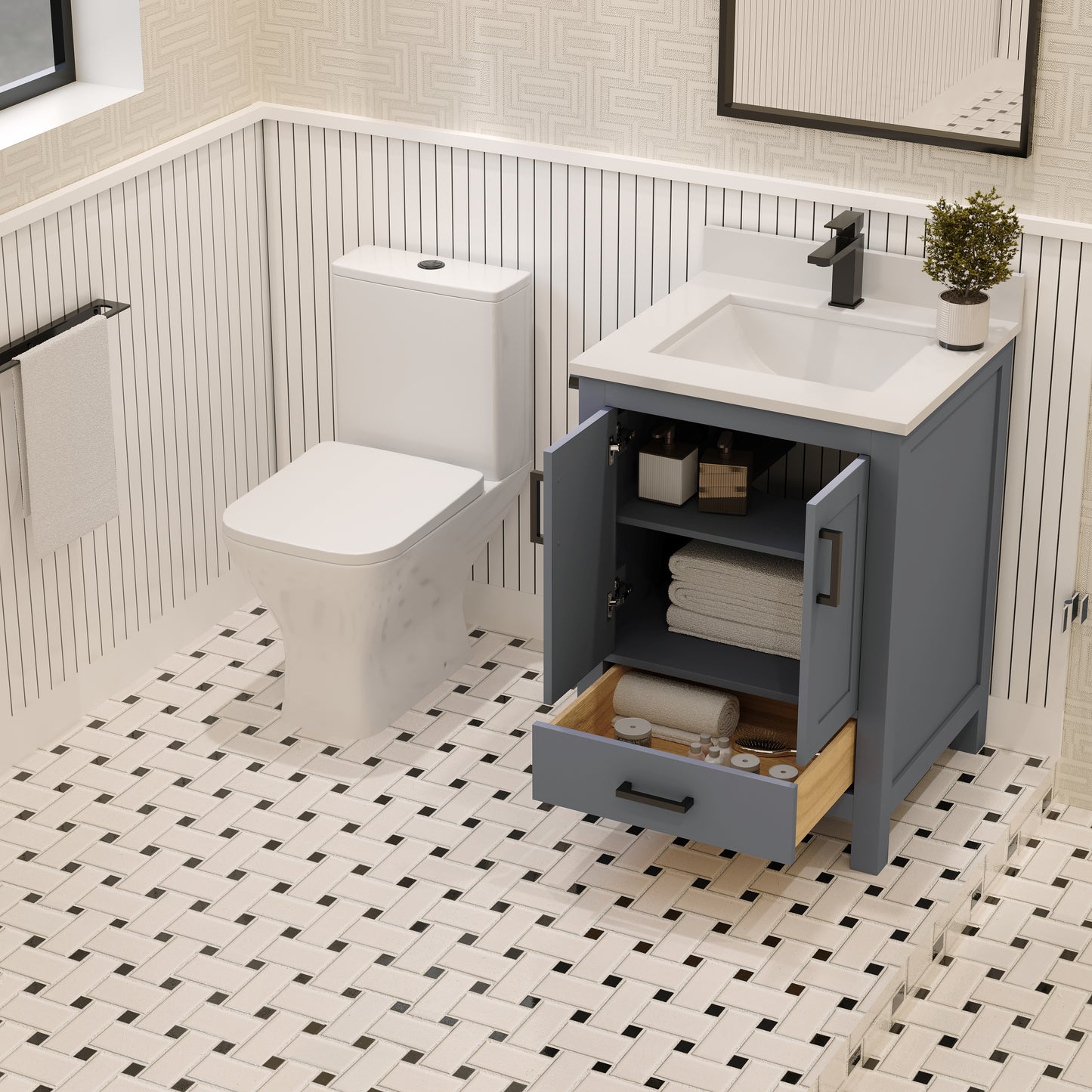 Rooh 24 Inch Solid Wood Single Bathroom Vanity with Quartz Countertop