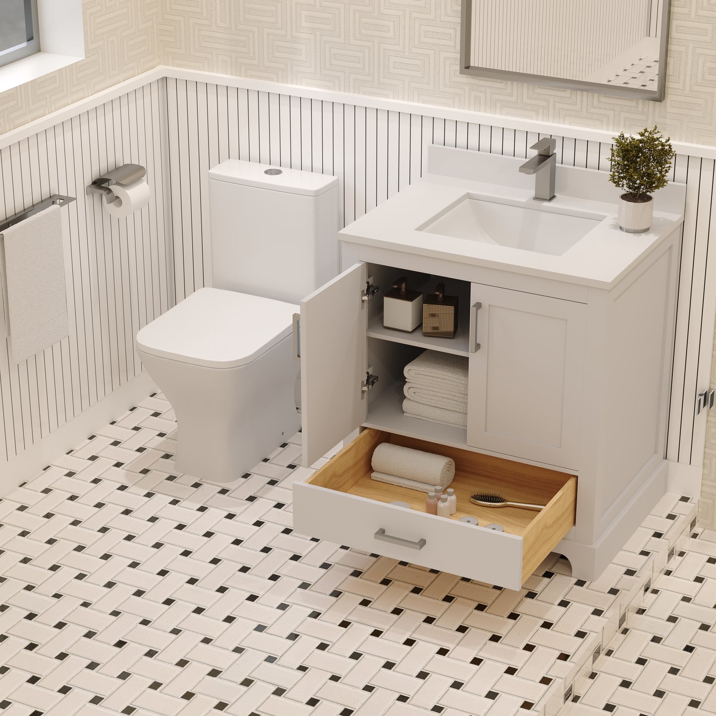 Maya 30 Inch Solid Wood Single Bathroom Vanity with Quartz Countertop