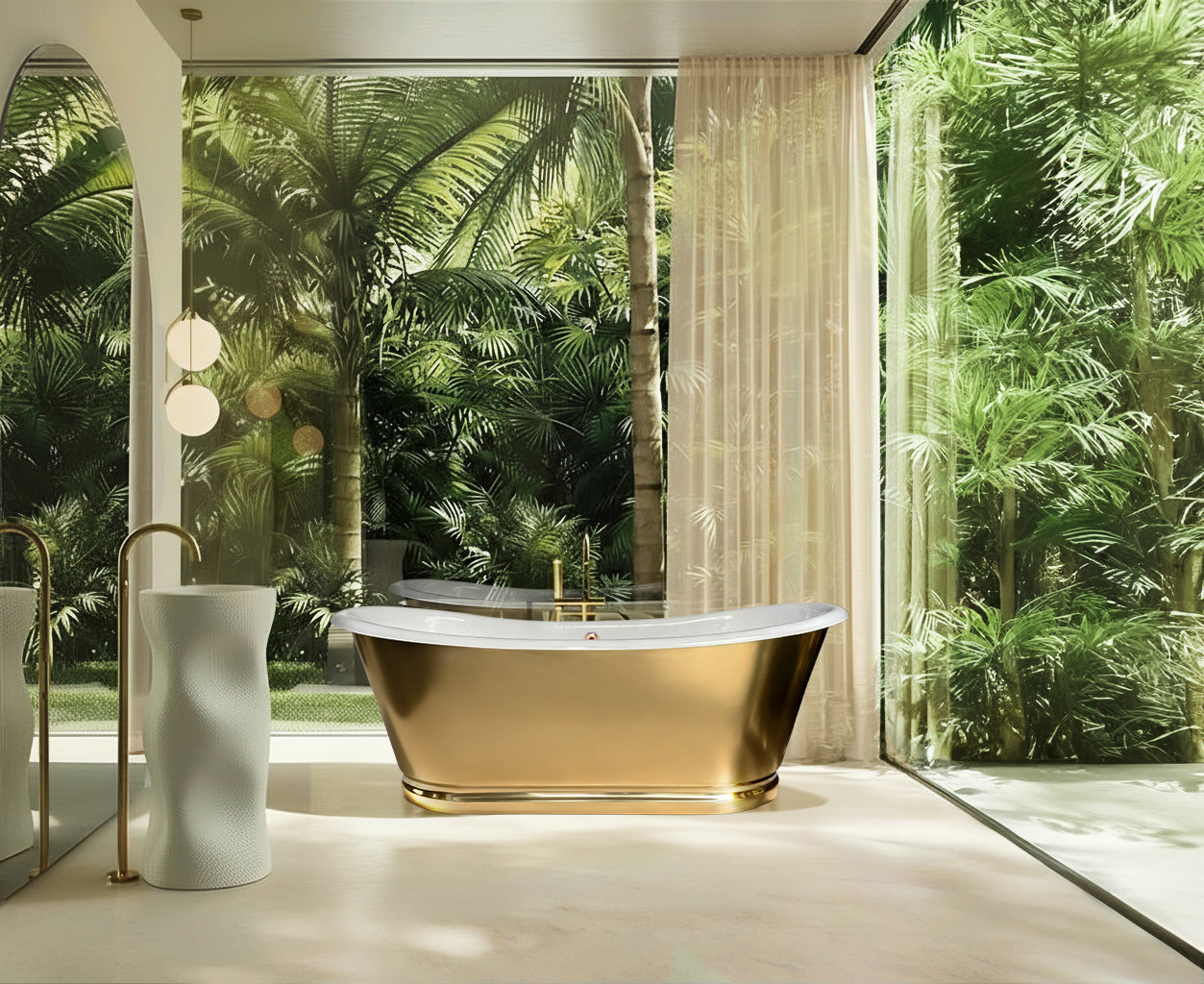 Ayna Decors Velona 67" Freestanding Oval Cast Iron Bathtub – Handcrafted Masterpiece with Gold Enameled Finish and Sculptural Grace