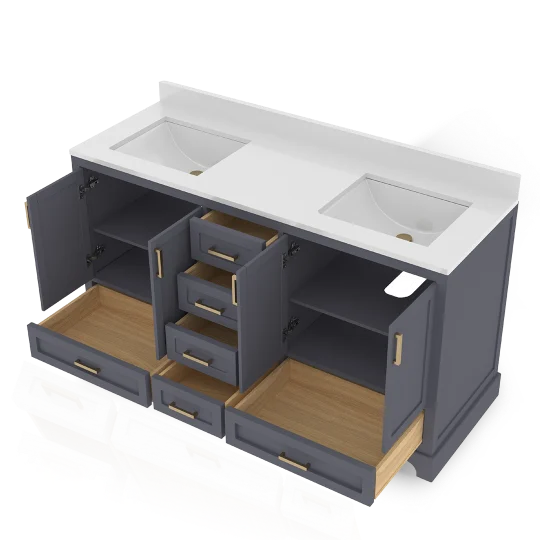 Maya 60 Inch Solid Wood Double Bathroom Vanity with Quartz Countertop