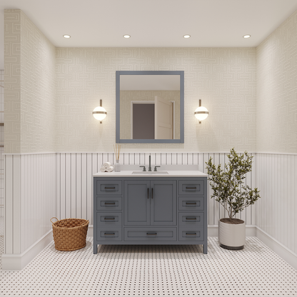 Rooh 48 Inch Solid Wood Bathroom Vanity with Undermount single Rectangle sink & White Quartz countertop 0.75 inch edge in white