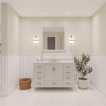 Rooh 48 Inch Solid Wood Bathroom Vanity with Undermount single Rectangle sink & White Quartz countertop 0.75 inch edge in white