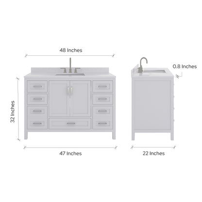 Rooh 48 Inch Solid Wood Bathroom Vanity with Undermount single Rectangle sink & White Quartz countertop 0.75 inch edge in white