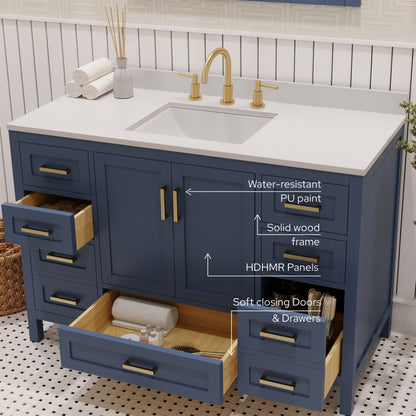 Rooh 48 Inch Solid Wood Bathroom Vanity with Undermount single Rectangle sink & White Quartz countertop 0.75 inch edge in white