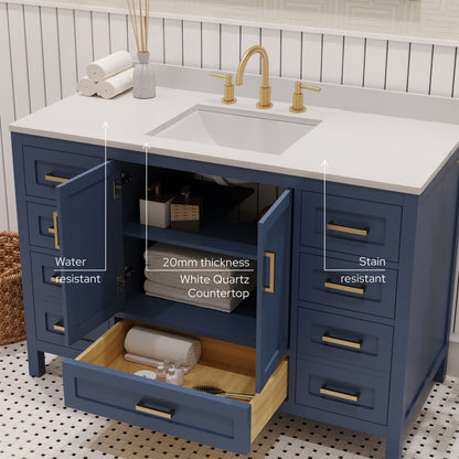 Rooh 48 Inch Solid Wood Bathroom Vanity with Undermount single Rectangle sink & White Quartz countertop 0.75 inch edge in white