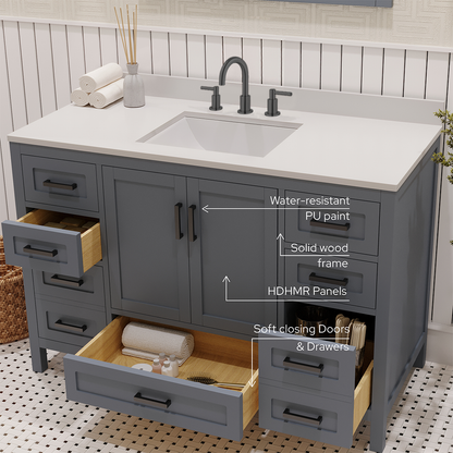 Rooh 48 Inch Solid Wood Bathroom Vanity with Undermount single Rectangle sink & White Quartz countertop 0.75 inch edge in white