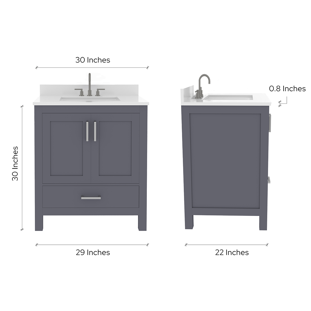 Rooh 30 Inch Solid Wood Bathroom Vanity with Undermount single Rectangle sink & White Quartz countertop 0.75 inch edge in white