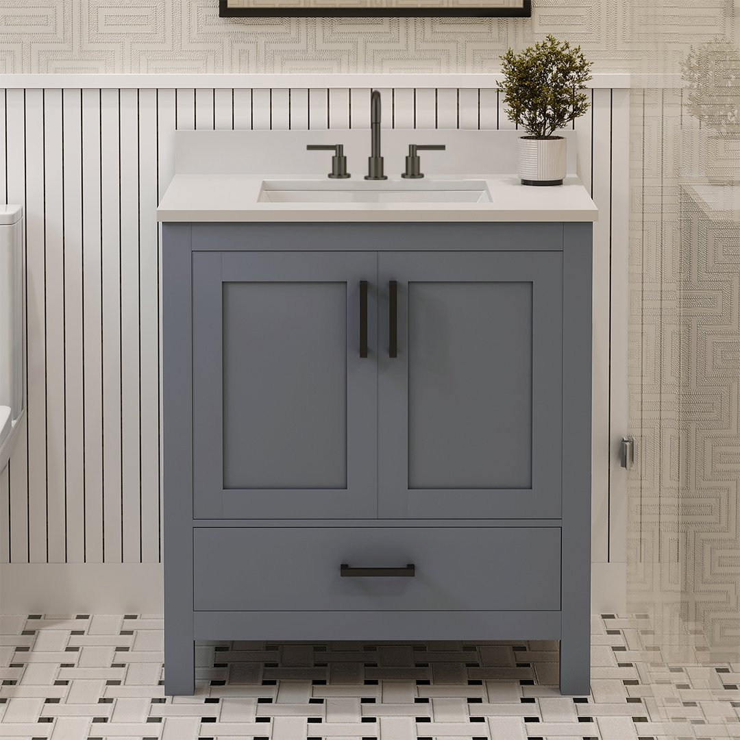 Rooh 30 Inch Solid Wood Bathroom Vanity with Undermount single Rectangle sink & White Quartz countertop 0.75 inch edge in white