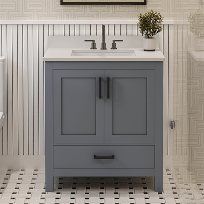 Rooh 30 Inch Solid Wood Bathroom Vanity with Undermount single Rectangle sink & White Quartz countertop 0.75 inch edge in white