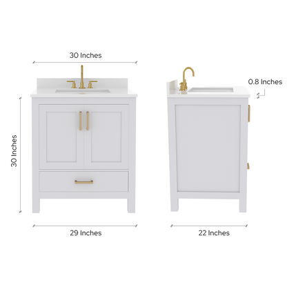 Rooh 30 Inch Solid Wood Bathroom Vanity with Undermount single Rectangle sink & White Quartz countertop 0.75 inch edge in white