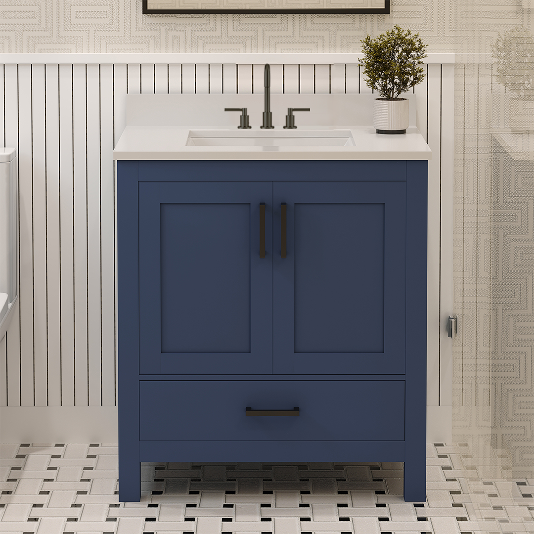 Rooh 30 Inch Solid Wood Bathroom Vanity with Undermount single Rectangle sink & White Quartz countertop 0.75 inch edge in white