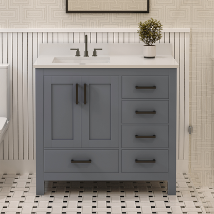 Rooh 36 Inch Left Solid Wood Single Bathroom Vanity with Undermount single Rectangle sink & White Quartz countertop 0.75 inch edge in white