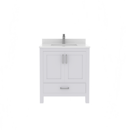 Rooh 30 Inch Solid Wood Bathroom Vanity with Undermount single Rectangle sink & White Quartz countertop 0.75 inch edge in white