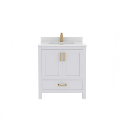 Rooh 30 Inch Solid Wood Bathroom Vanity with Undermount single Rectangle sink & White Quartz countertop 0.75 inch edge in white