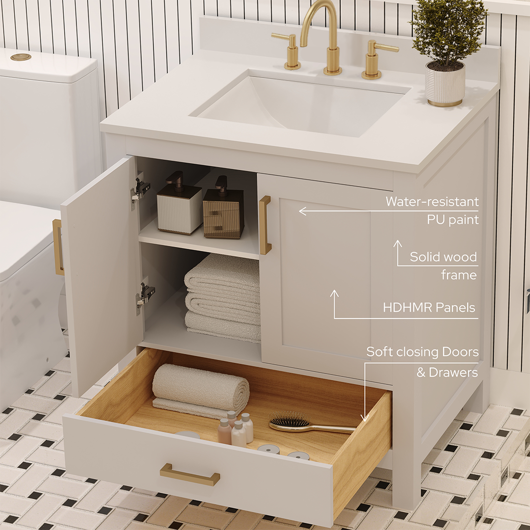 Rooh 30 Inch Solid Wood Bathroom Vanity with Undermount single Rectangle sink & White Quartz countertop 0.75 inch edge in white