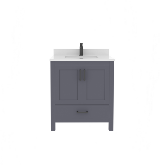 Rooh 30 Inch Solid Wood Bathroom Vanity with Undermount single Rectangle sink & White Quartz countertop 0.75 inch edge in white