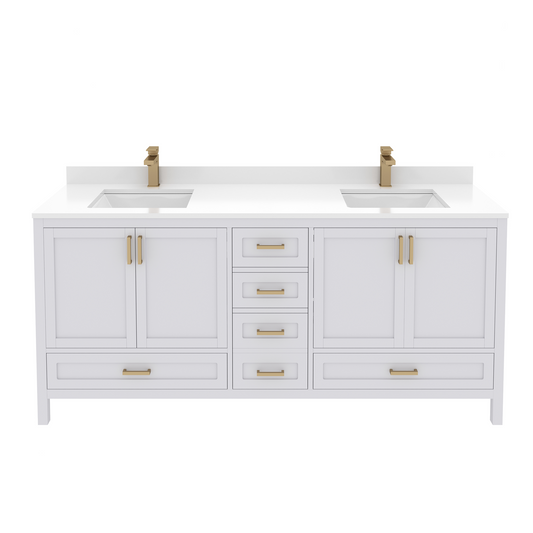 Rooh 72 Inch Solid Wood Bathroom Vanity with Undermount double Rectangle sinks & White Quartz countertop 0.75 inch edge in white