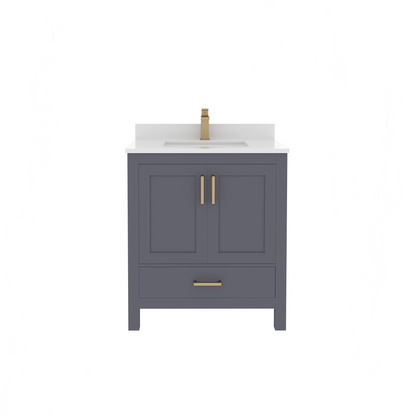 Rooh 30 Inch Solid Wood Bathroom Vanity with Undermount single Rectangle sink & White Quartz countertop 0.75 inch edge in white