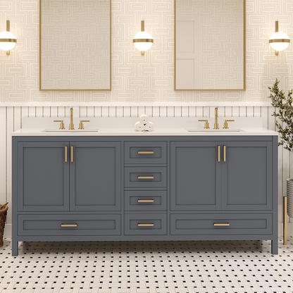 Rooh 72 Inch Solid Wood Bathroom Vanity with Undermount double Rectangle sinks & White Quartz countertop 0.75 inch edge in white