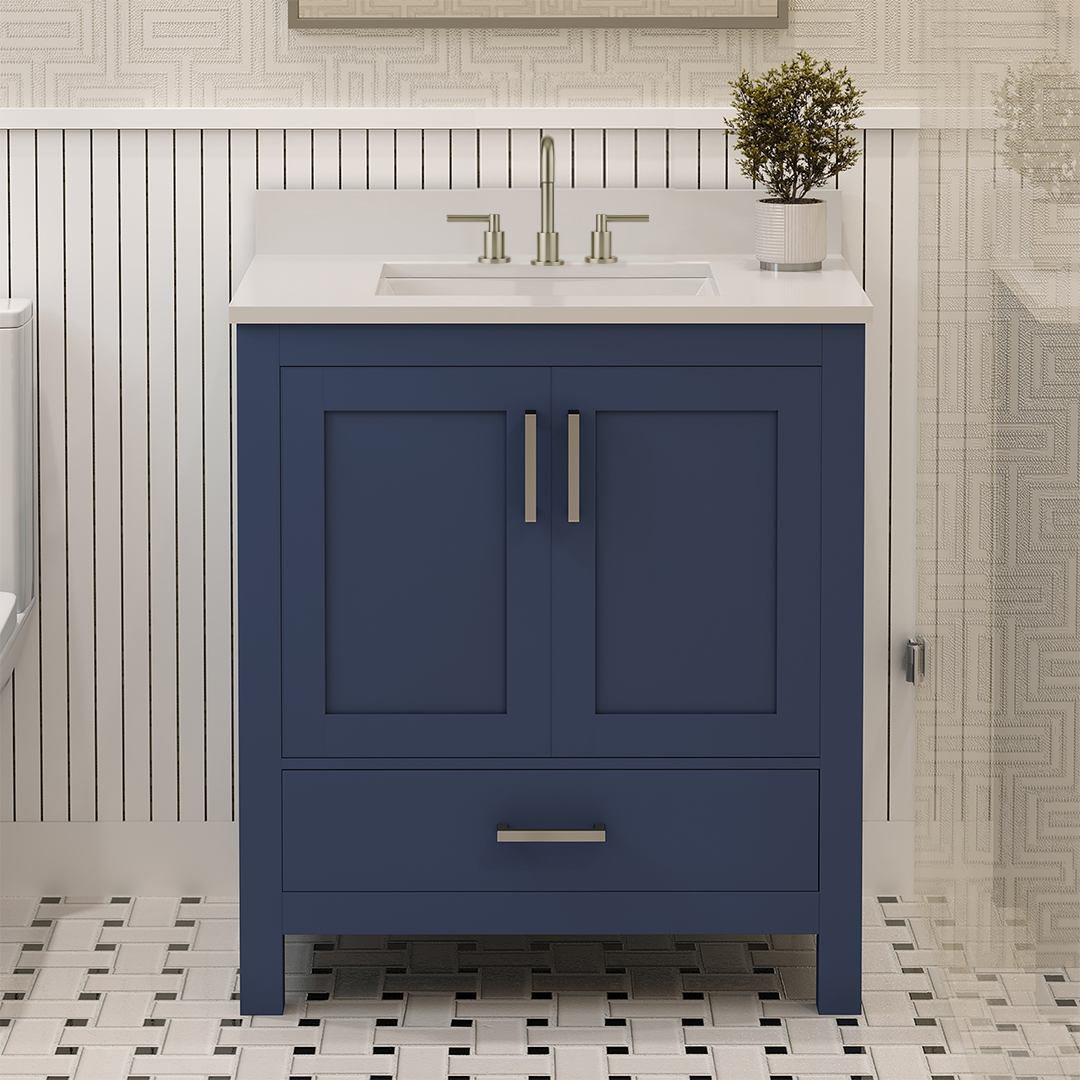 Rooh 30 Inch Solid Wood Bathroom Vanity with Undermount single Rectangle sink & White Quartz countertop 0.75 inch edge in white