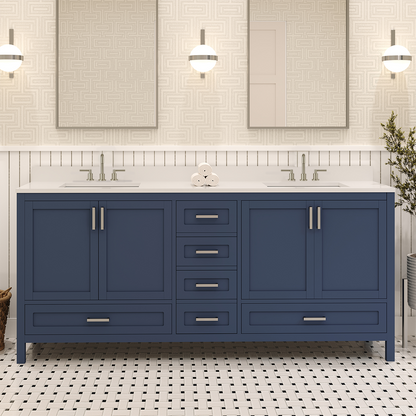 Rooh 72 Inch Solid Wood Bathroom Vanity with Undermount double Rectangle sinks & White Quartz countertop 0.75 inch edge in white