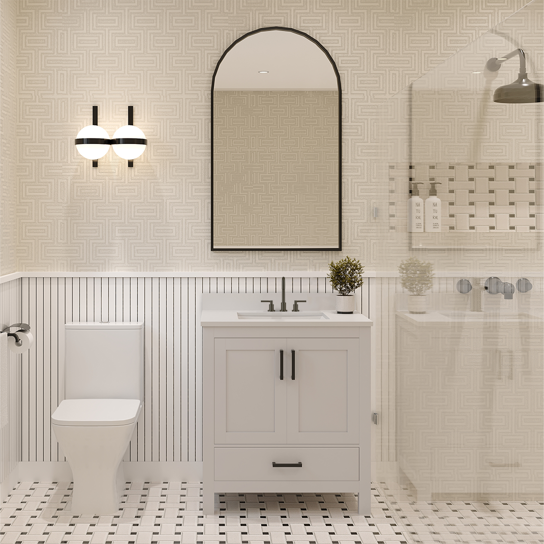 Rooh 30 Inch Solid Wood Bathroom Vanity with Undermount single Rectangle sink & White Quartz countertop 0.75 inch edge in white