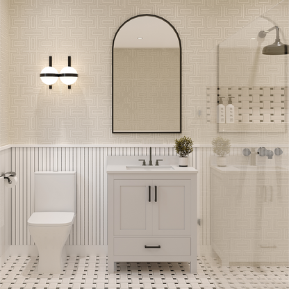 Rooh 30 Inch Solid Wood Bathroom Vanity with Undermount single Rectangle sink & White Quartz countertop 0.75 inch edge in white