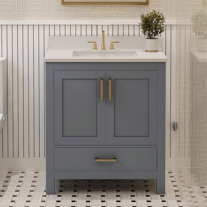 Rooh 30 Inch Solid Wood Bathroom Vanity with Undermount single Rectangle sink & White Quartz countertop 0.75 inch edge in white