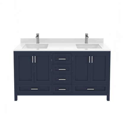 Rooh 60 Inch Solid Wood Bathroom Vanity with Undermount double Rectangle sinks & White Quartz countertop 0.75 inch edge in white