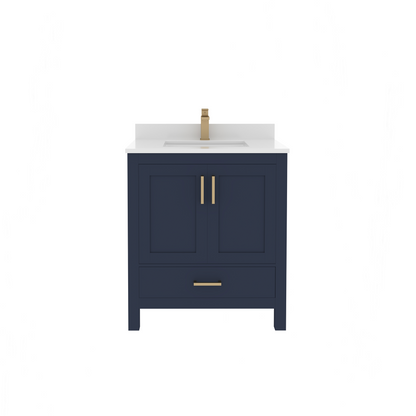 Rooh 30 Inch Solid Wood Bathroom Vanity with Undermount single Rectangle sink & White Quartz countertop 0.75 inch edge in white