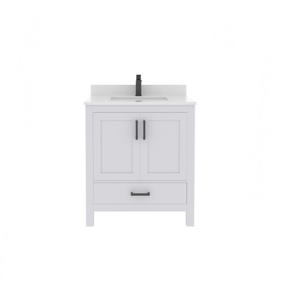 Rooh 30 Inch Solid Wood Bathroom Vanity with Undermount single Rectangle sink & White Quartz countertop 0.75 inch edge in white