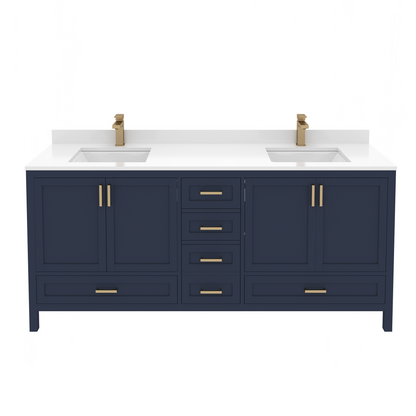 Rooh 72 Inch Solid Wood Bathroom Vanity with Undermount double Rectangle sinks & White Quartz countertop 0.75 inch edge in white