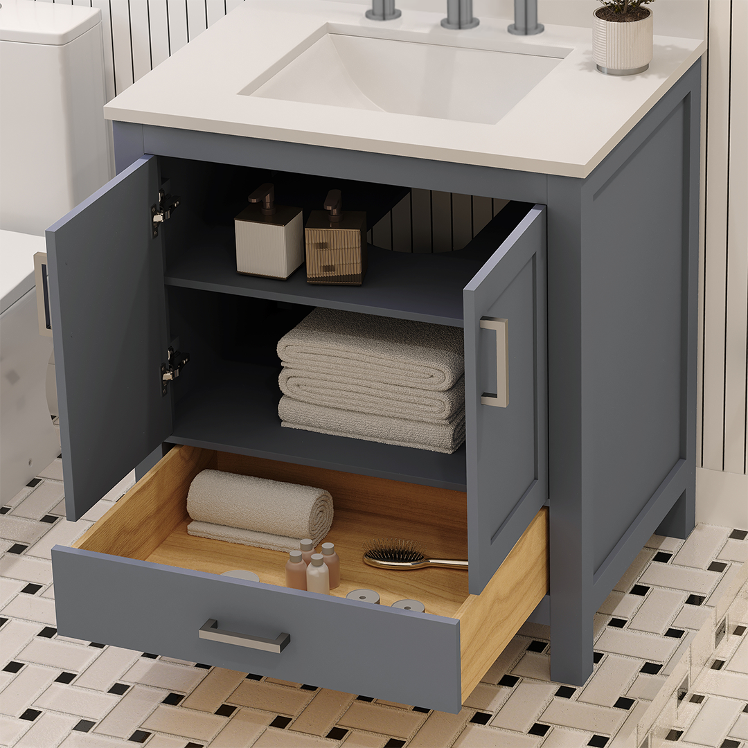 Rooh 30 Inch Solid Wood Bathroom Vanity with Undermount single Rectangle sink & White Quartz countertop 0.75 inch edge in white