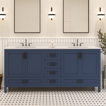 Rooh 72 Inch Solid Wood Bathroom Vanity with Undermount double Rectangle sinks & White Quartz countertop 0.75 inch edge in white